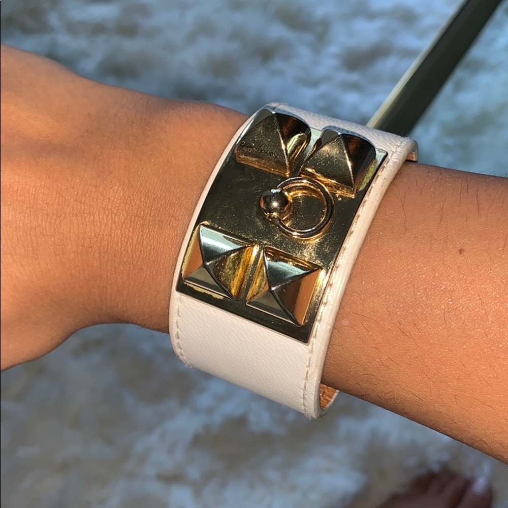 White leather gold stud hand cuff